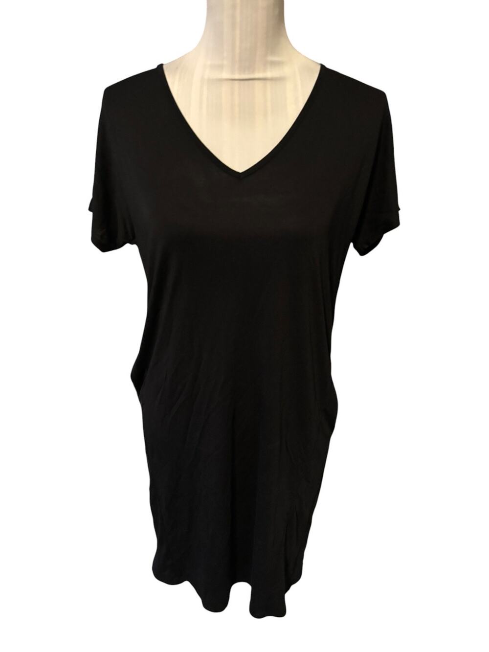 Black V-Neck T-Shirt Dress with Pockets Size M